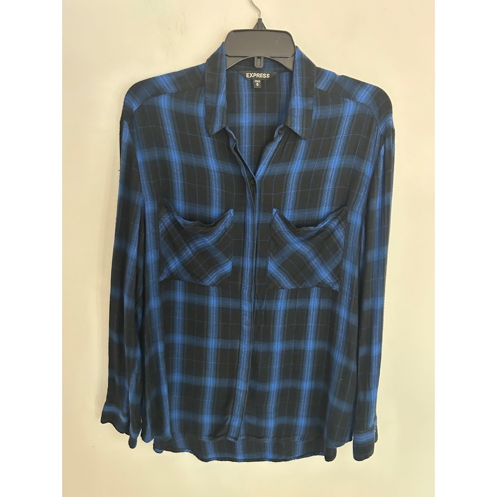 Express Womens Plaid Button Down Shirt Blue Black Roll Tab Sleeve Rayon Medium